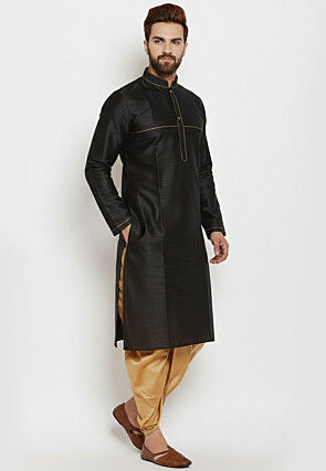Contrast Trim Dupion Silk Kurta Set in Black