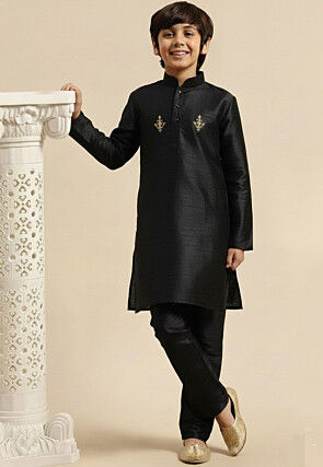 Embroidered Dupion Silk Kurta Set in Black