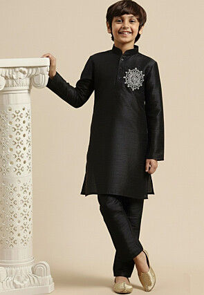 Embroidered Dupion Silk Kurta Set in Black
