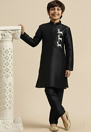 Embroidered Dupion Silk Kurta Set in Black