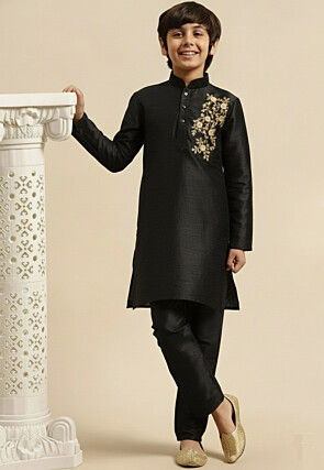 Embroidered Dupion Silk Kurta Set in Black
