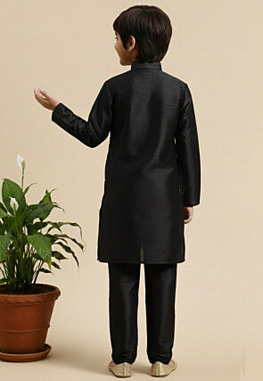 Embroidered Dupion Silk Kurta Set in Black