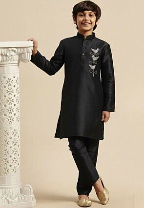 Embroidered Dupion Silk Kurta Set in Black