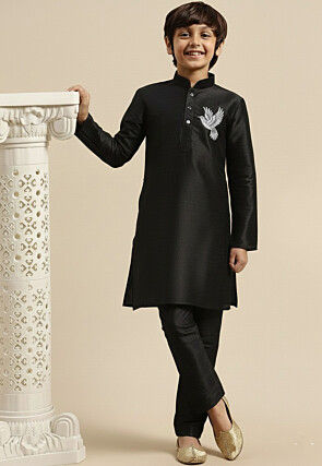 Embroidered Dupion Silk Kurta Set in Black