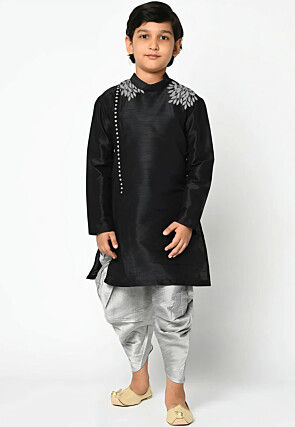 Embroidered Dupion Silk Kurta Set in Black