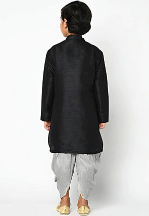 Embroidered Dupion Silk Kurta Set in Black