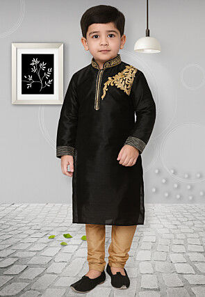 Embroidered Dupion Silk Kurta Set in Black