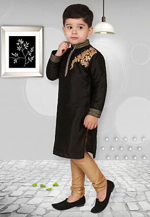 Embroidered Dupion Silk Kurta Set in Black