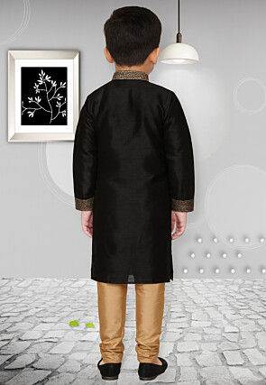 Embroidered Dupion Silk Kurta Set in Black
