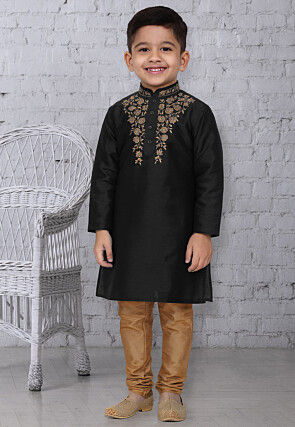 Embroidered Dupion Silk Kurta Set in Black