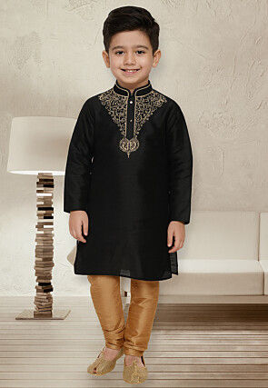 Embroidered Dupion Silk Kurta Set in Black