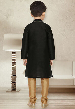 Embroidered Dupion Silk Kurta Set in Black