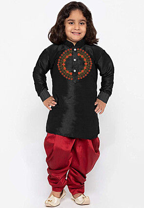 Embroidered Dupion Silk Kurta Set in Black