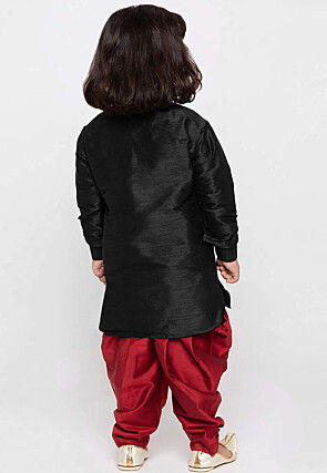 Embroidered Dupion Silk Kurta Set in Black