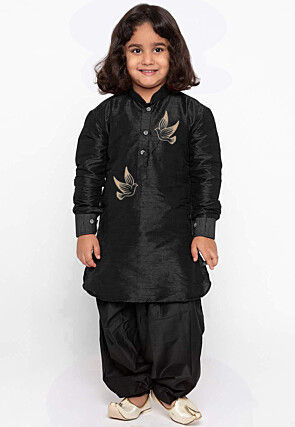 Embroidered Dupion Silk Kurta Set in Black