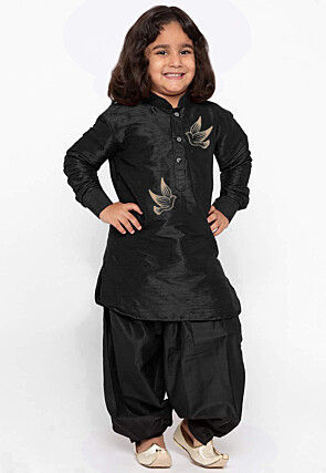 Embroidered Dupion Silk Kurta Set in Black