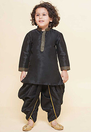 Embroidered Dupion Silk Kurta Set in Black