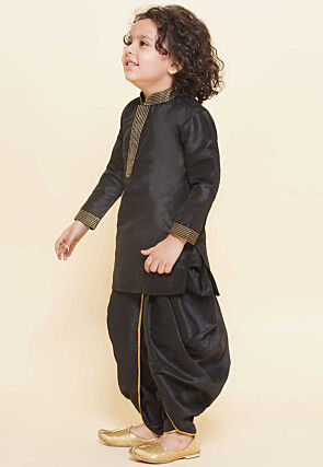Embroidered Dupion Silk Kurta Set in Black