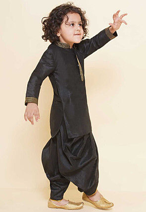 Embroidered Dupion Silk Kurta Set in Black