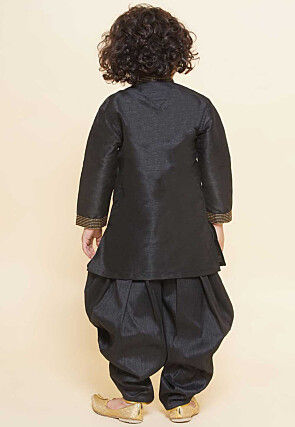Embroidered Dupion Silk Kurta Set in Black