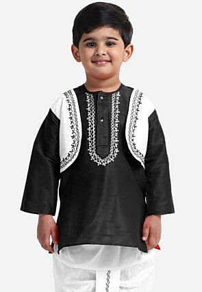 Embroidered Dupion Silk Kurta Set in Black