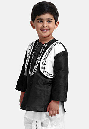 Embroidered Dupion Silk Kurta Set in Black