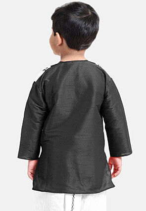 Embroidered Dupion Silk Kurta Set in Black