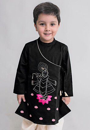 Embroidered Dupion Silk Kurta Set in Black