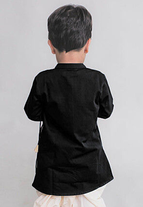 Embroidered Dupion Silk Kurta Set in Black