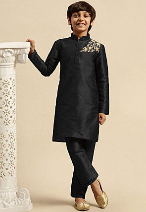 Embroidered Dupion Silk Kurta Set in Black