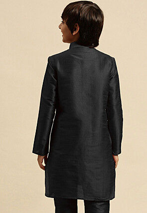 Embroidered Dupion Silk Kurta Set in Black