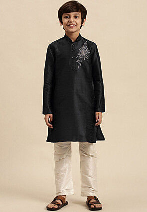 Embroidered Dupion Silk Kurta Set in Black