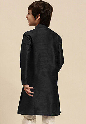 Embroidered Dupion Silk Kurta Set in Black