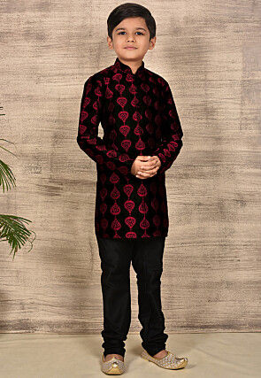 Embroidered Dupion Silk Kurta Set in Black