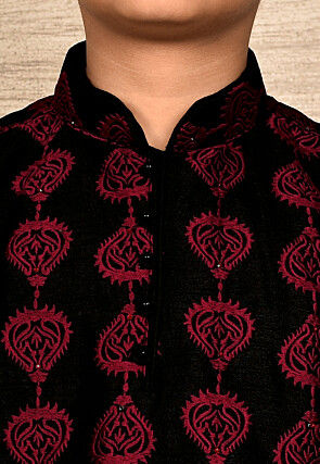 Embroidered Dupion Silk Kurta Set in Black