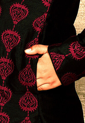 Embroidered Dupion Silk Kurta Set in Black