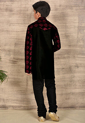 Embroidered Dupion Silk Kurta Set in Black