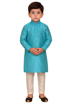 Embroidered Dupion Silk Kurta Set in Blue