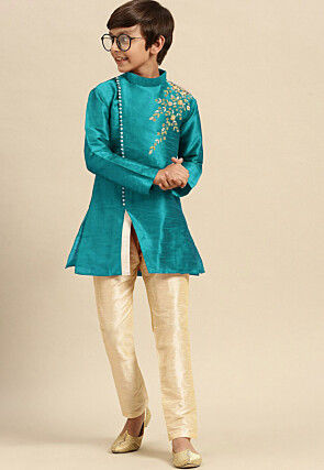 Embroidered Dupion Silk Kurta Set in Blue