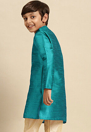 Embroidered Dupion Silk Kurta Set in Blue