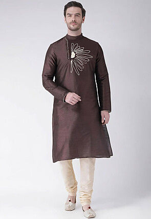 Embroidered Dupion Silk Kurta Set in Brown