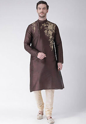 Embroidered Dupion Silk Kurta Set in Brown