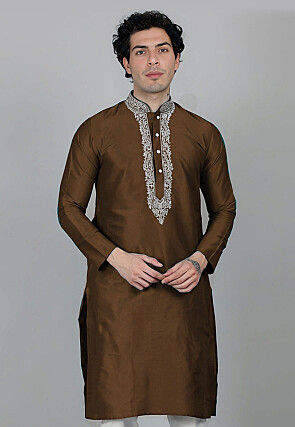 Embroidered Dupion Silk Kurta in Brown