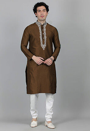 Embroidered Dupion Silk Kurta Set in Brown