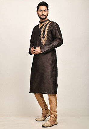 Embroidered Dupion Silk Kurta Set in Brown
