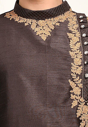 Embroidered Dupion Silk Kurta Set in Brown