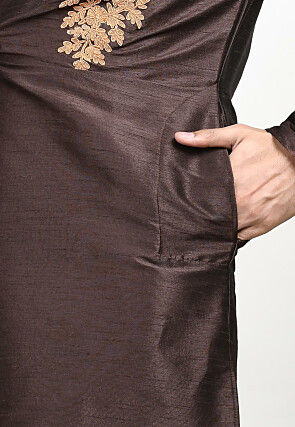 Embroidered Dupion Silk Kurta Set in Brown