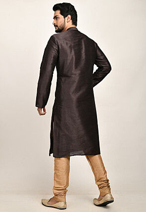 Embroidered Dupion Silk Kurta Set in Brown