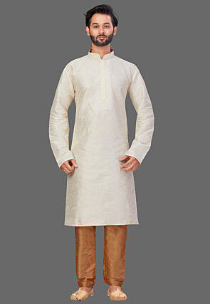 Embroidered Dupion Silk Kurta Set in Cream