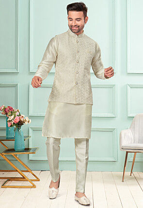 Embroidered Dupion Silk Kurta Set in Cream